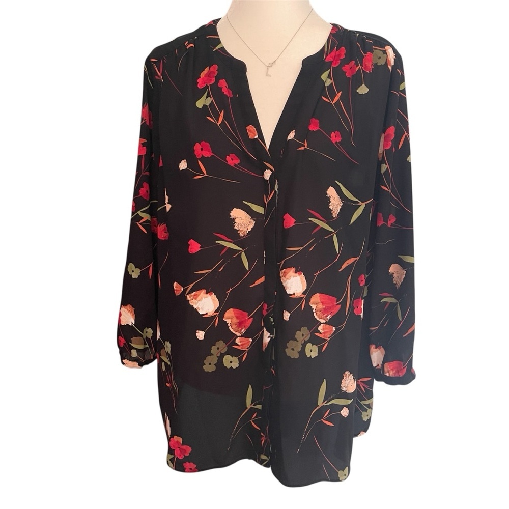 NYDJ Black Floral Pintuck Blouse US L